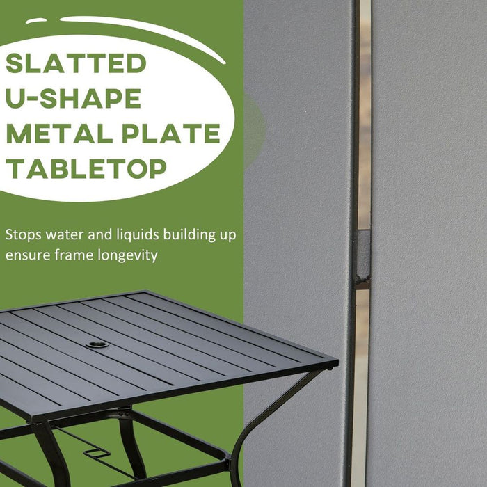 Outsunny Garden Table with Parasol Hole for Four, Slatted Metal Plate Top