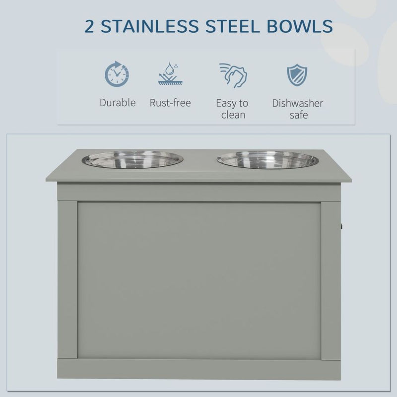 Elevated Pet Dog Bowls with Storage, 2 Bowls - Grey