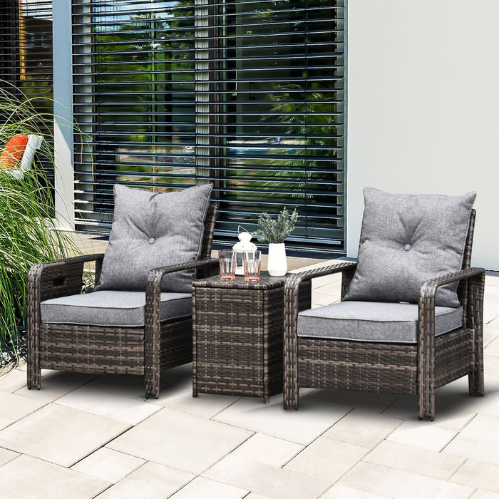 Premium 3-Piece Outdoor Rattan Garden Sofa Set + Storage Table - Grey