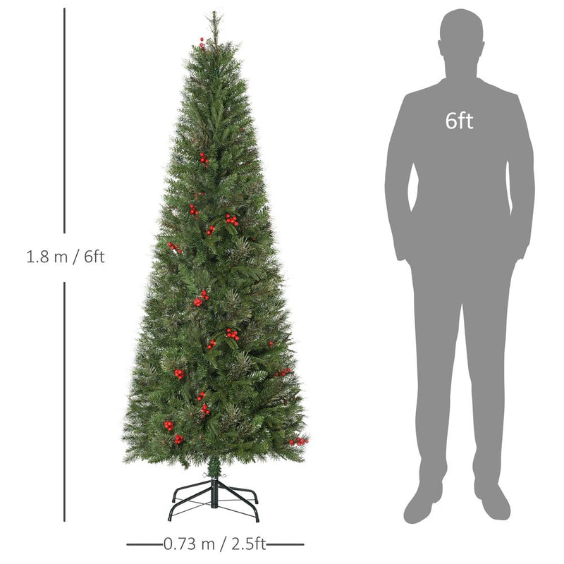 6ft Artificial Christmas Tree Holiday with Pencil Shape, Berries HOMCOM