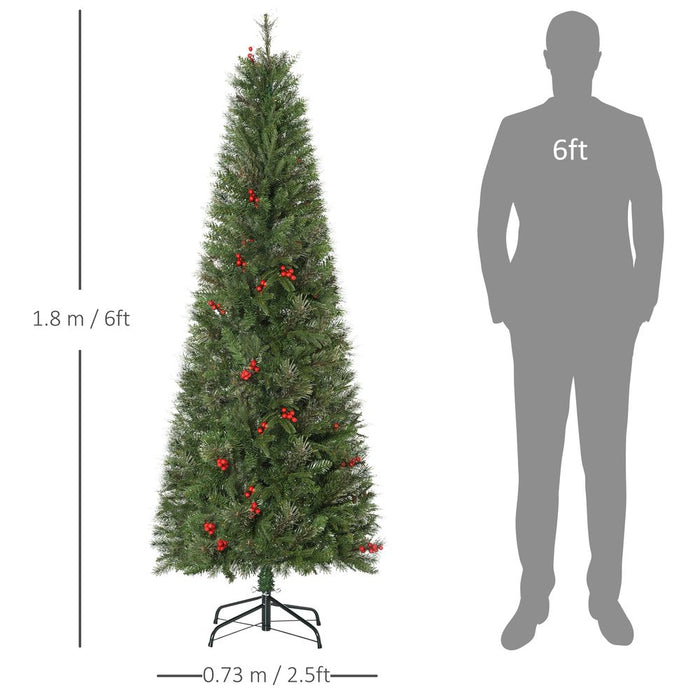 6ft Artificial Christmas Tree Holiday with Pencil Shape, Berries HOMCOM