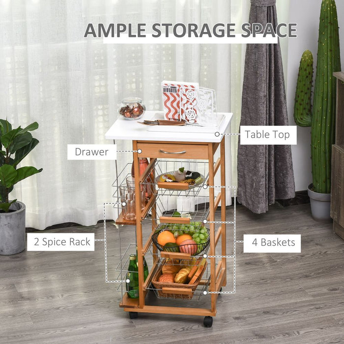 Premium MDF Kitchen Trolley - Storage Cart with 4 Baskets, Spice Racks, and Smooth Wheels - Brown