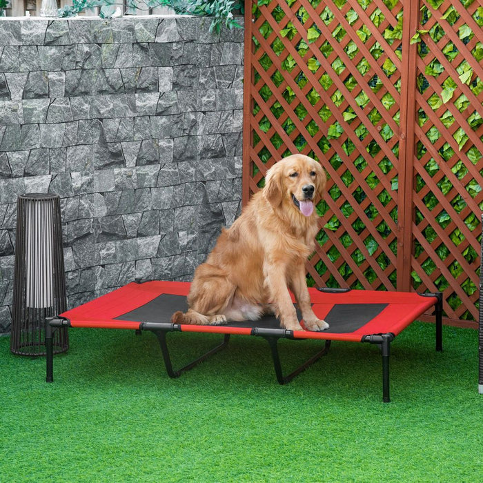 Portable Elevated Dog Bed for Indoor & Outdoor, Cooling Red Cot, Steel Frame, Breathable Mesh