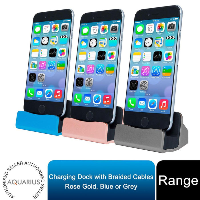 Aquarius Desktop Charging Dock with Braided Cables, Rose Gold, Blue or Grey