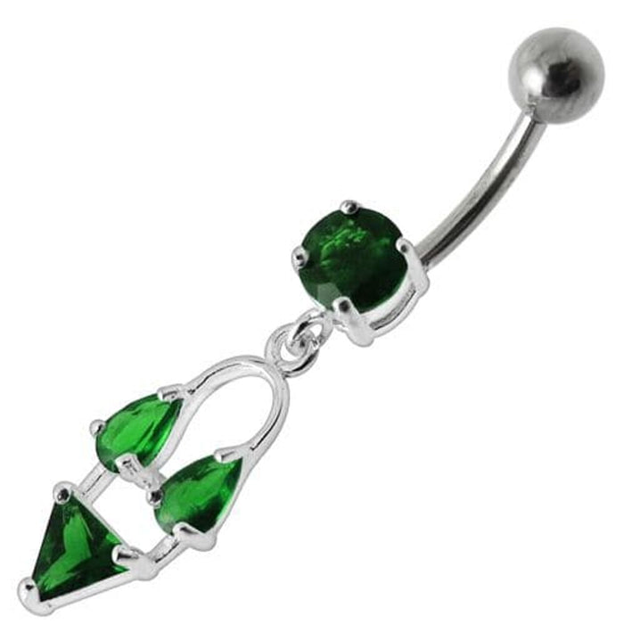 Silver Fancy Double Stone Jeweled Dangling Navel Ring