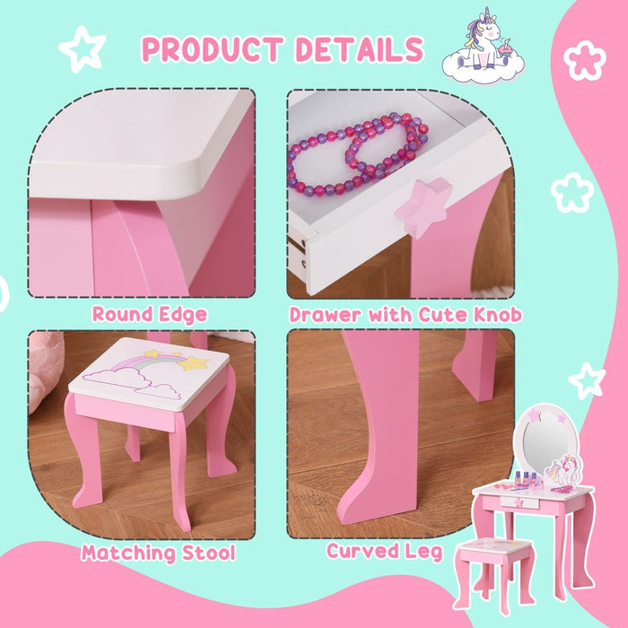 Magical Unicorn Girls Vanity Set with Mirror and Stool - High Quality, Ages 3-6