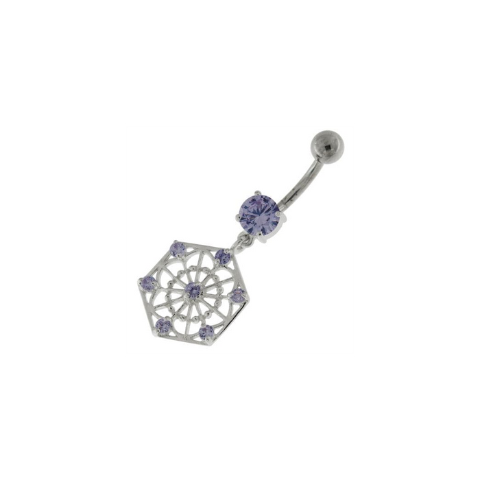 Sterling Silver Jeweled Hexagon Cut out Navel Bar