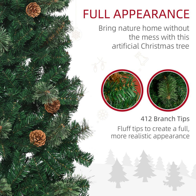 HOMCOM 5.5FT Tall Pencil Slim Artificial Christmas Tree with Realistic Branches, Tip Count and Pine Cones, Pine Needles Tree, Xmas Decoration, Green