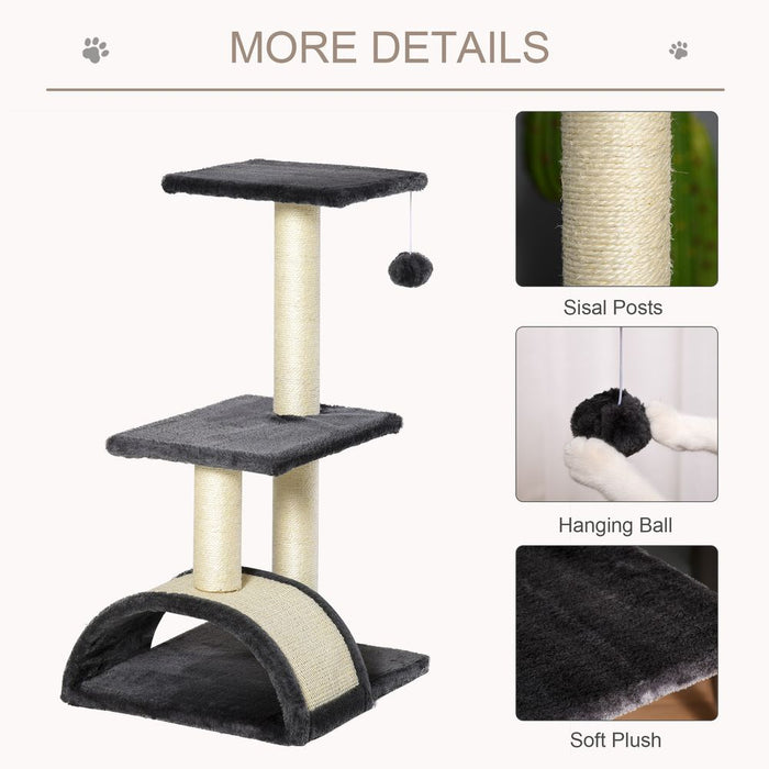 PawHut Cat Tree Tower for Indoor Cats, 72cm Climbing Activity Centre w/Sisal Scratching Post, Pad, Arc Perch, Hanging Ball, Toy - Black