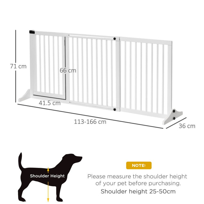 PawHut Adjustable Wooden Pet Gate Freestanding Dog Barrier Fence Doorway 3 Panels Safety Gate w/Lockable Door White 71H x 113-166W cm