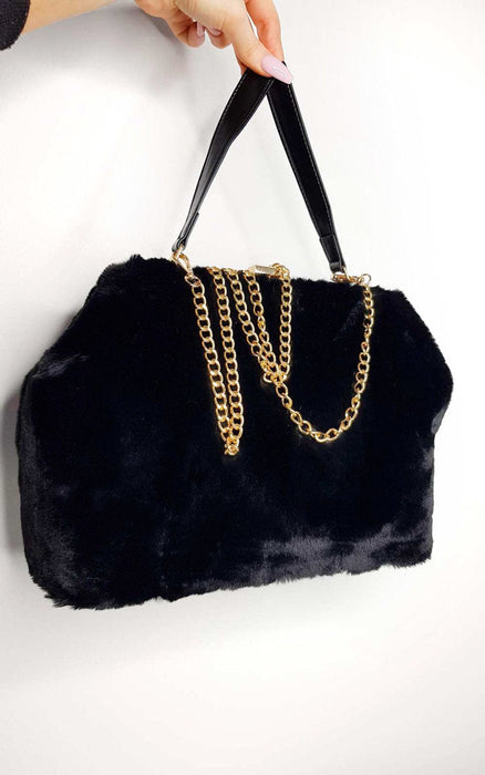 Plush Fur HandBag with Gold Chain | Lola: Black, 10" height, 14" length