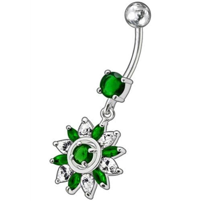 Fancy  White Royal Flower Jeweled Dangling SS Bar Belly Ring