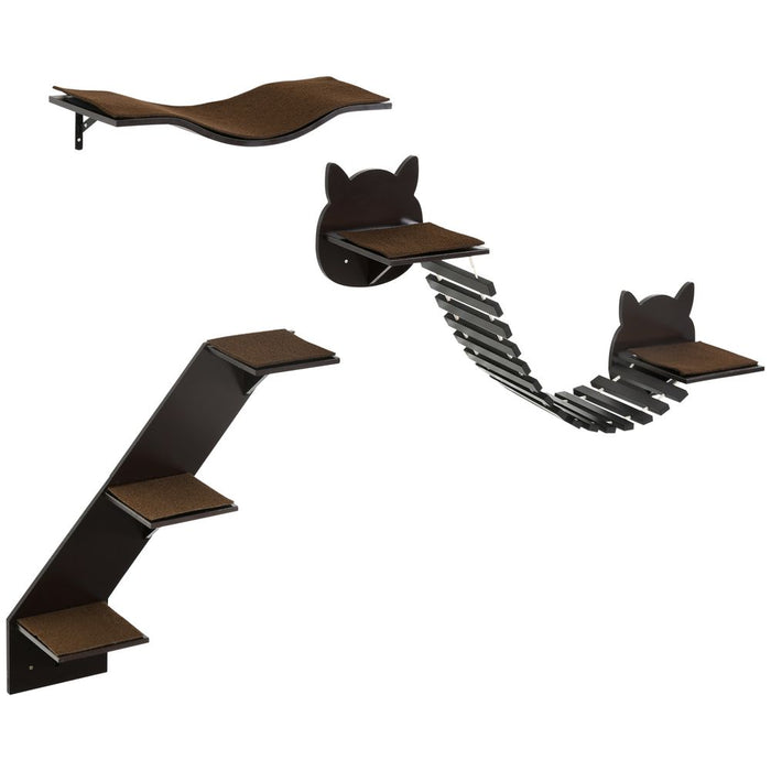 Three-Piece Wall-Mounted Cat Shelves w/ Jumping Platforms, Ladders - Brown