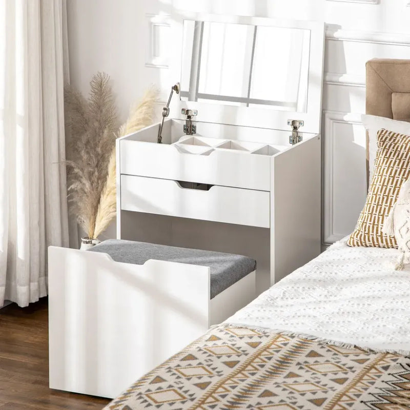 Dressing Table Set w/ Flip-up Mirror & Stool, Drawer and Compartments, White