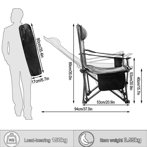 Camping Chair with Carry Bag Fishing Grey Robust Durable Seating and Lying 2 in one