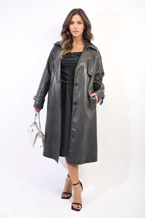 Luxe Faux Leather Lapel Trench Coat Jacket