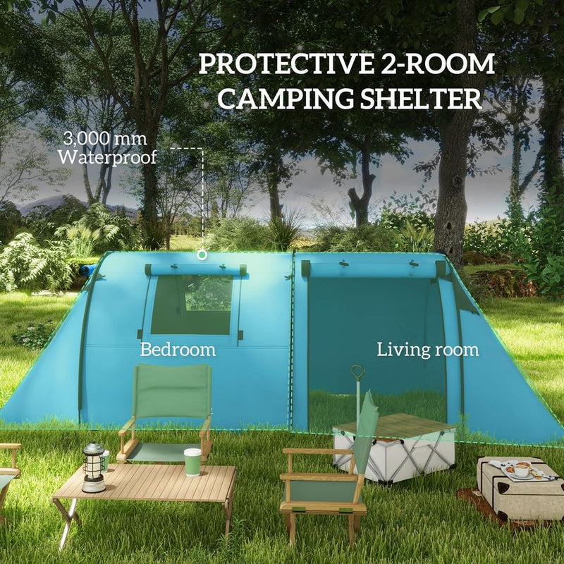Outsunny 2 Room Camping Family Tent - 3-4 Man, 3000mm Waterproof, Spacious, Lightweight - Sky Blue