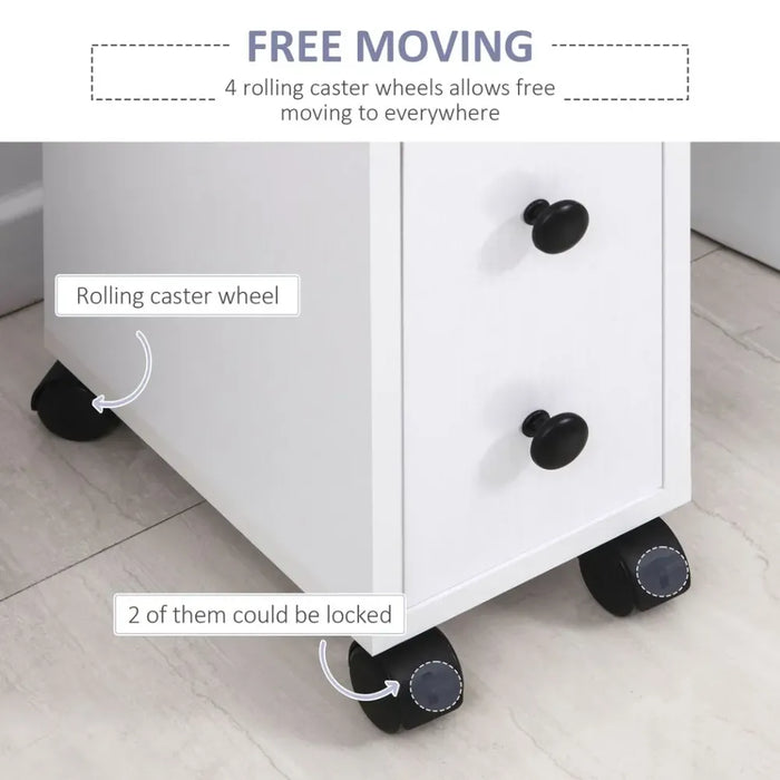 Slimline Bathroom Storage Unit w/ 2 Drawers 2 Open Compartments Wheels White