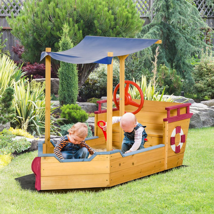 Kid's Wood Sandbox Pirate Sandboat w/ Canopy - Quality Outdoor Toy - Easy Storage - Durable - 103H x 160L x 70Wcm