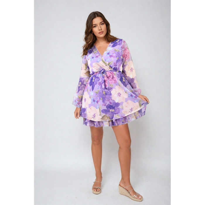 Floral Tie Front Tiered Mini Dress