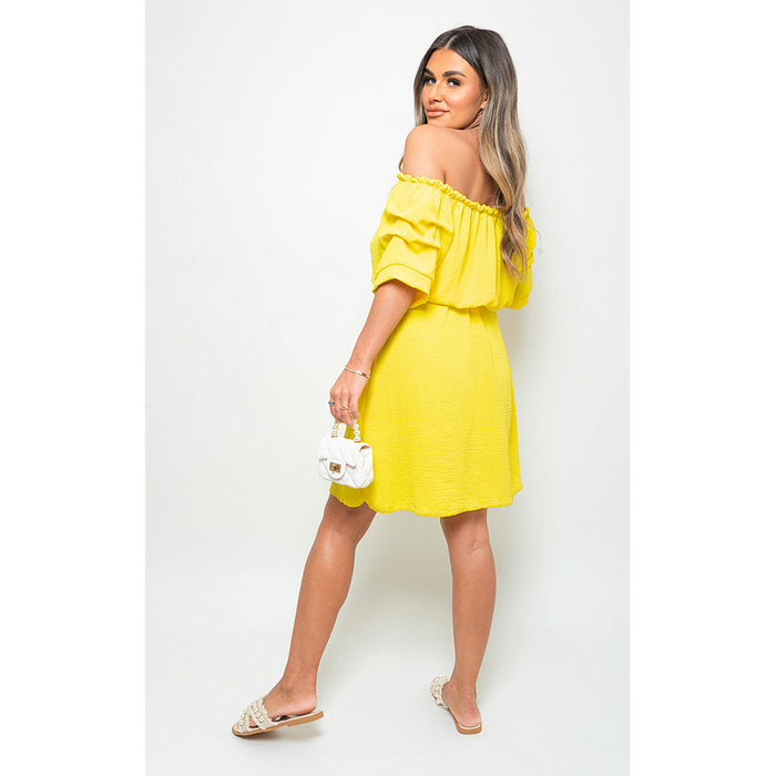 Showstopper Off Shoulder Belted Mini Dress