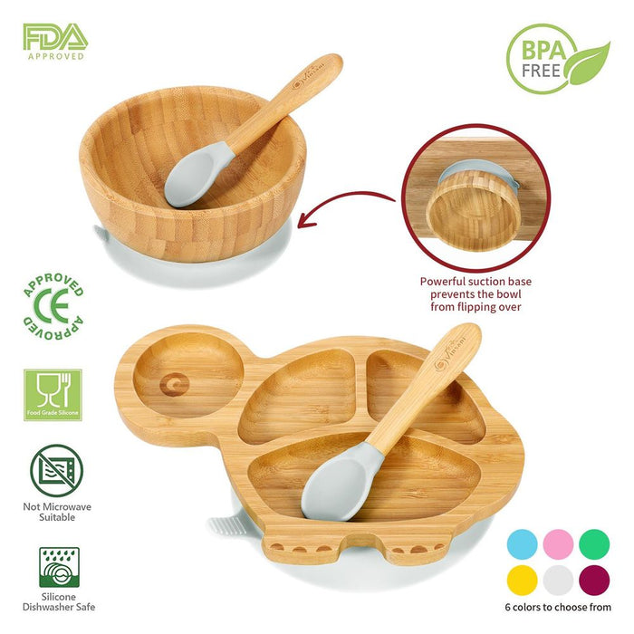 VINSANI BAMBOO TURTLE PLATE SET: Non-Slip Suction Base | BPA-Free Silicone | Eco-Friendly & Easy to Clean