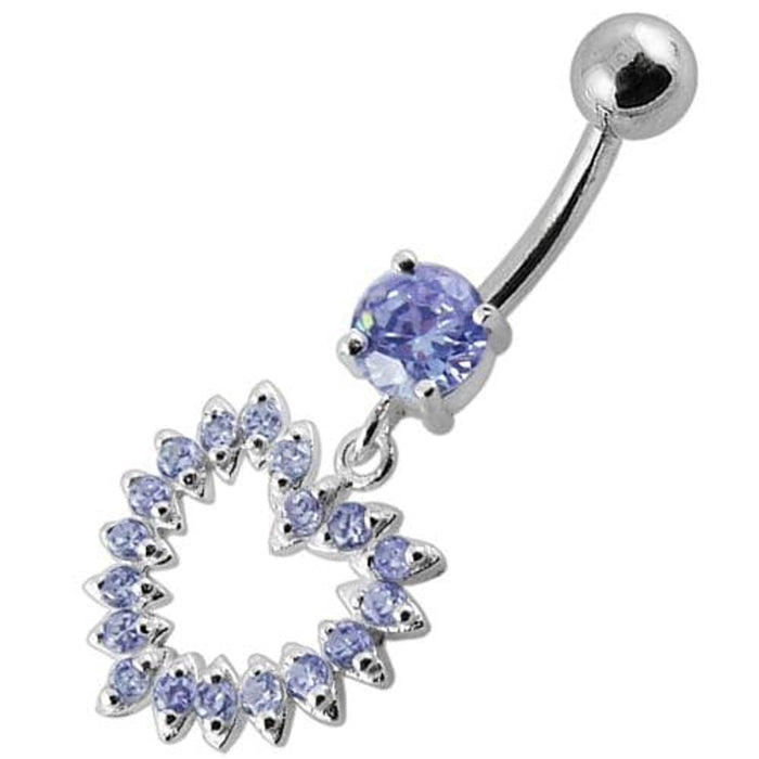 Jeweled Fancy Heart Silver Dangling Banana Bar Navel Belly Ring