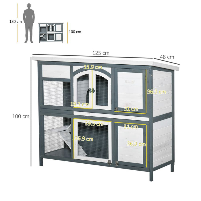 PawHut Rabbit Hutch Outdoor Guinea Pig Hutch 2 Tier Wooden Cage w/Ramp, Divider, Openable Roof, 125 x 48 x 100cm, Grey