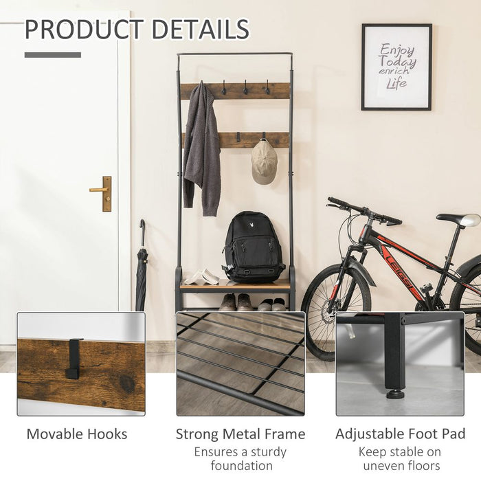 HOMCOM Coat Rack Stand Industrial hallway Shoe Rack Removable Hooks Metal Wood Hangers Storage Cabinet Rustic Brown 72L×34W×185H(cm)