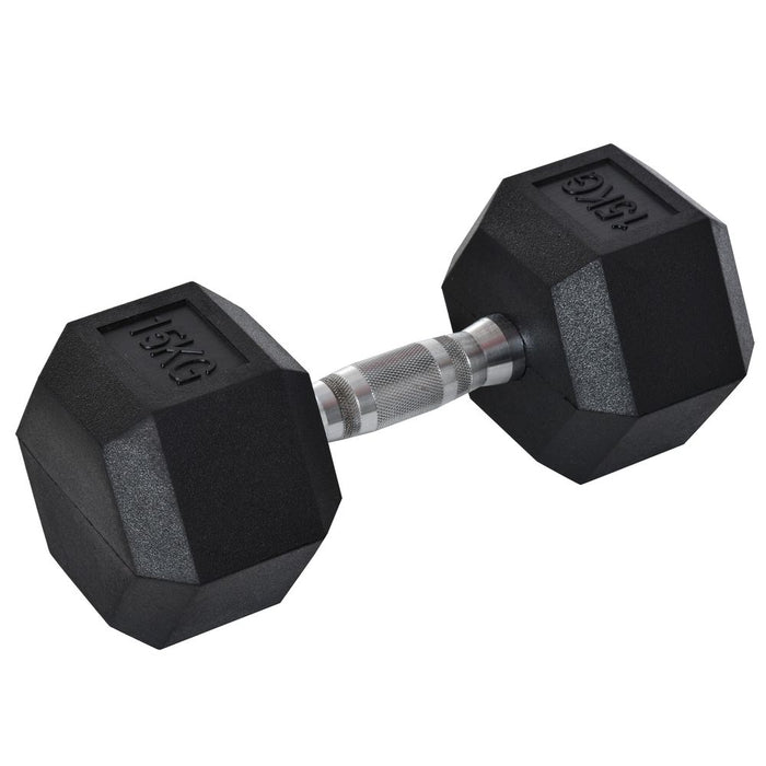 HOMCOM 15KG Single Rubber Hex Dumbbell - Portable Hand Weights for Home Gym