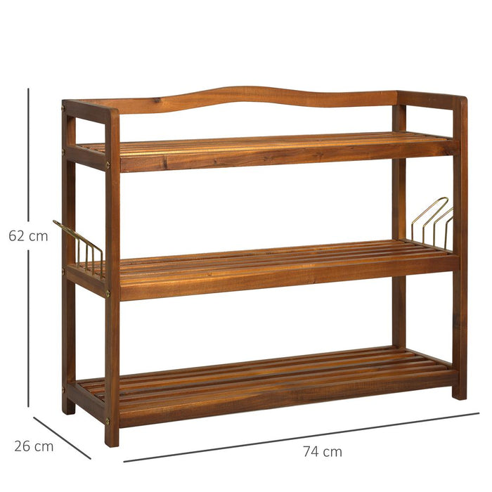 3-Tier Shoe Rack, Acacia Wooden2 Hangers, Holds up to 12 Pairs,