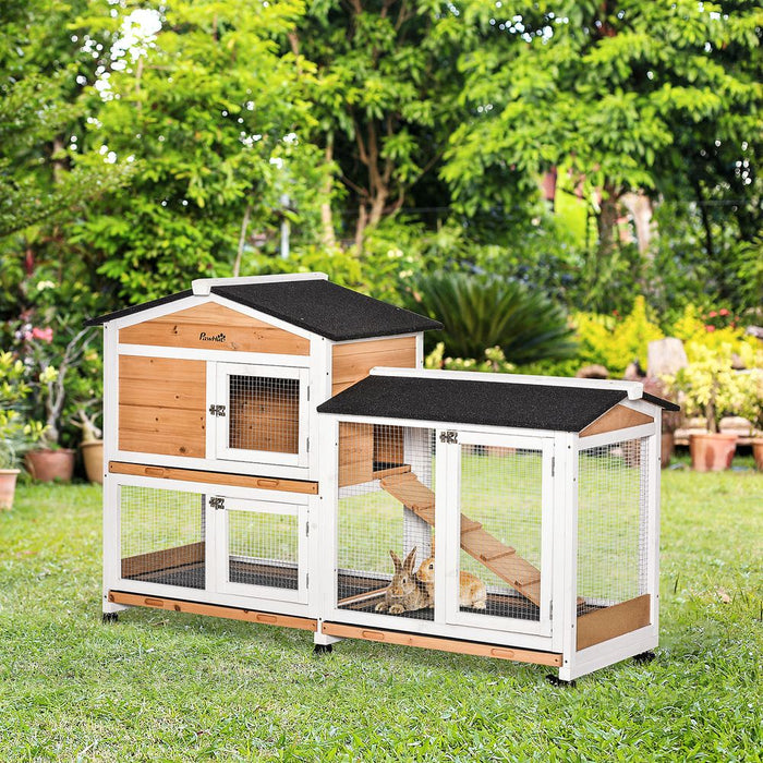 PawHut Rabbit Hutch Outdoor with Run Guinea Pig Hutch 2-Tier Bunny Cage w/Wheels No-Leak Plastic Tray 157.4 x 53 x 99.5 cm - Yellow