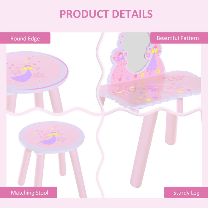 HOMCOM Kids Dressing Table Girls Pink Wooden Kids Dressing Table & Stool Make Up Desk Chair Toys Fairy Dresser Play Set w/Mirror