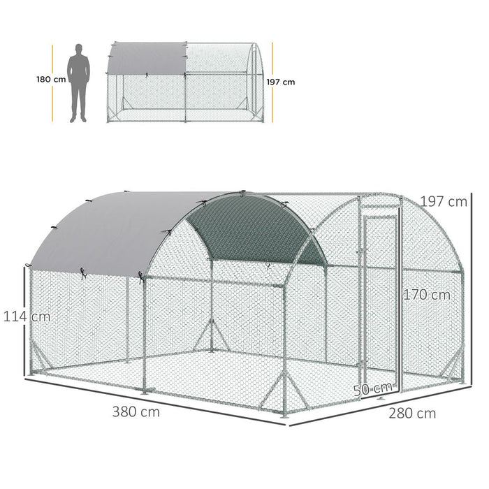 Walk-In Chicken Run Galvanised Chicken Coop w/ Cover 2.8 x 3.8 x 2m Pawhut