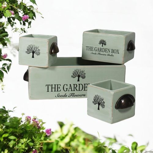 SET 4 RUSTIC GREEN WOODEN CRATE