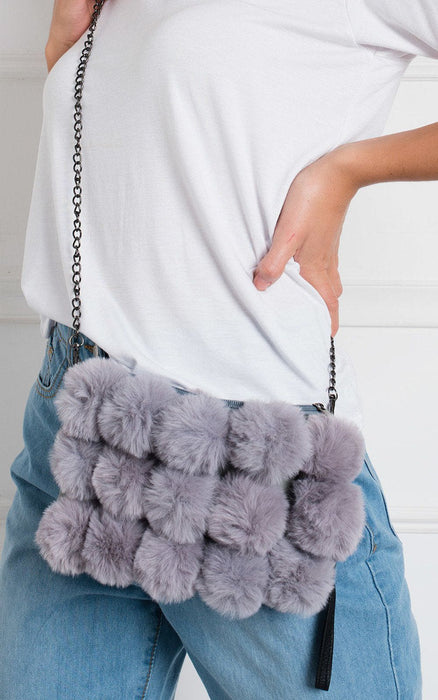 RYLAN Cross Body Pom Pom Handbag - Cute Pink Bag with Long Strap, Silver Hardware, and Zip Closure