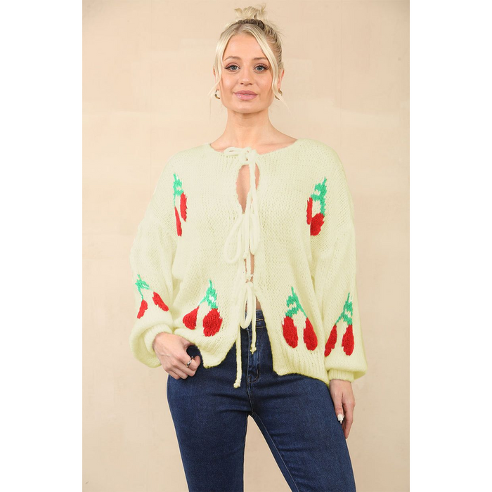 Stylish Crop Triple Tie Bow Cherry Front Cable Knit Cardigan