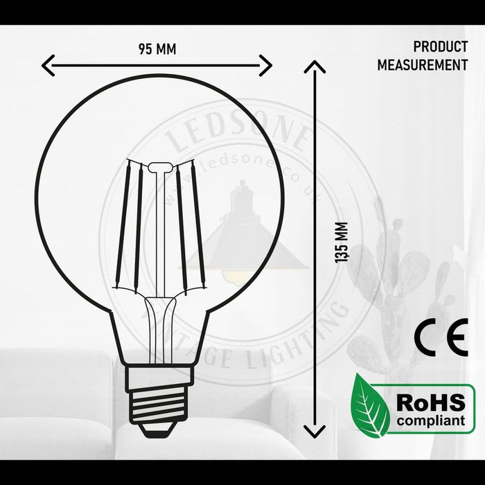 Vintage G95 E27 4W LED Filament Bulb Retro 2700K Warm White Screw Bulb - High Quality