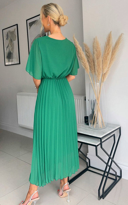 Pleated Wrap Front Maxi Dress - Elegant, Comfortable, Navy - Perfect for Special Occasions - ikrush