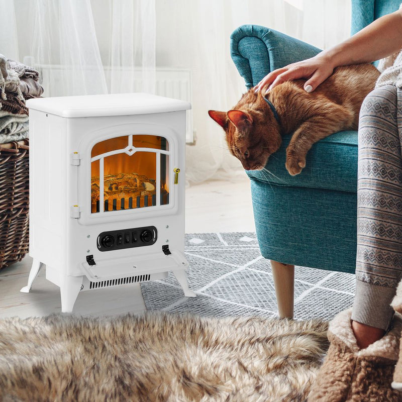HOMCOM Fireplace Stove Heater Log Burning Flame Electric 950/1850W White