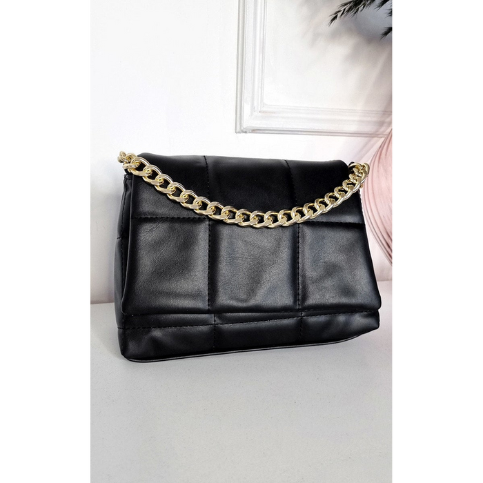 Faux Leather Padded Handbag with Chain Detail