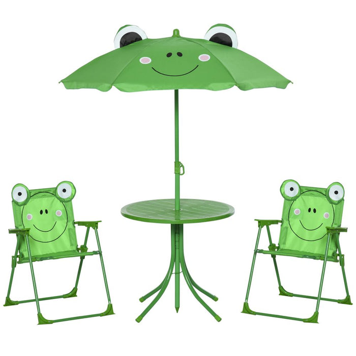 Outsunny Kids Outdoor Table and Chairs Garden Furniture Frog Pattern with Removable & Height Adjustable Sun Umbrella, Green