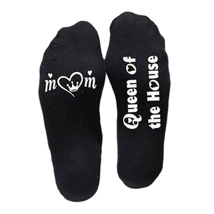 Flo Novelty Cotton Mid Calf Socks, Funny Slogans, Queen of the House, Black