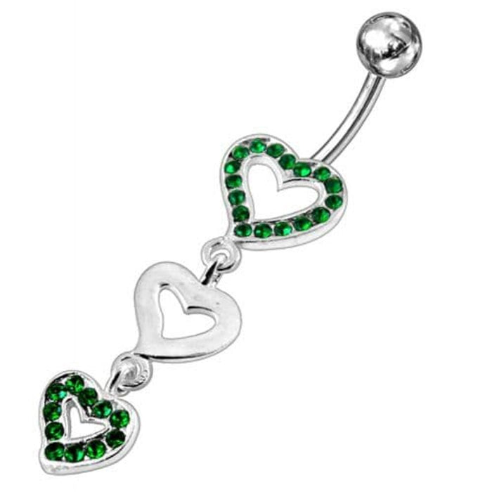 Triple Jeweled Heart Silver Dangling SS Navel Banana Ring