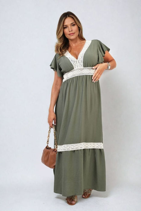 Timeless Elegance: V-neck Lace Trim Maxi Dress