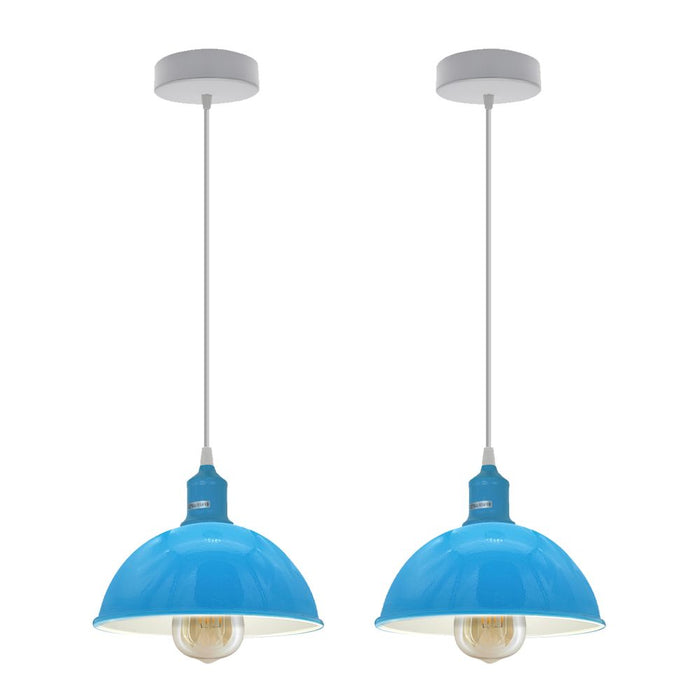 Sturdy Metal Dome Pendant Lights - 2 Pack, Blue Loft Style, Spray Painted Finish, Inner White, 21cm, E27 Bulb