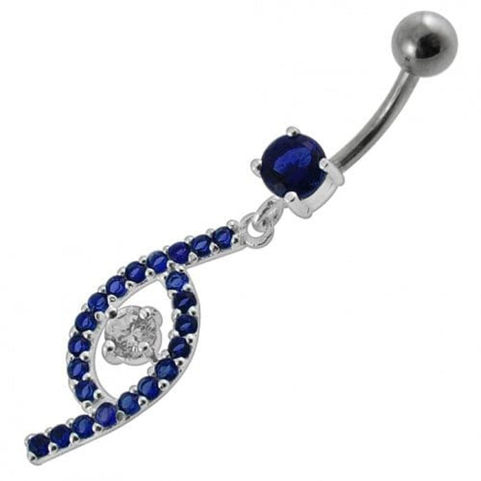 Jeweled Fancy Silver Dangling SS Bar Curved Navel Ring