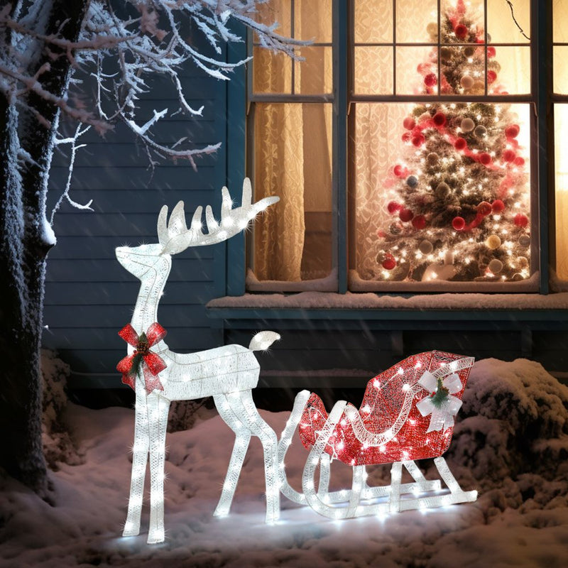4ft Lighted Christmas Reindeer & Sleigh Outdoor Yard Decoration Set with LED Lights, Red & White