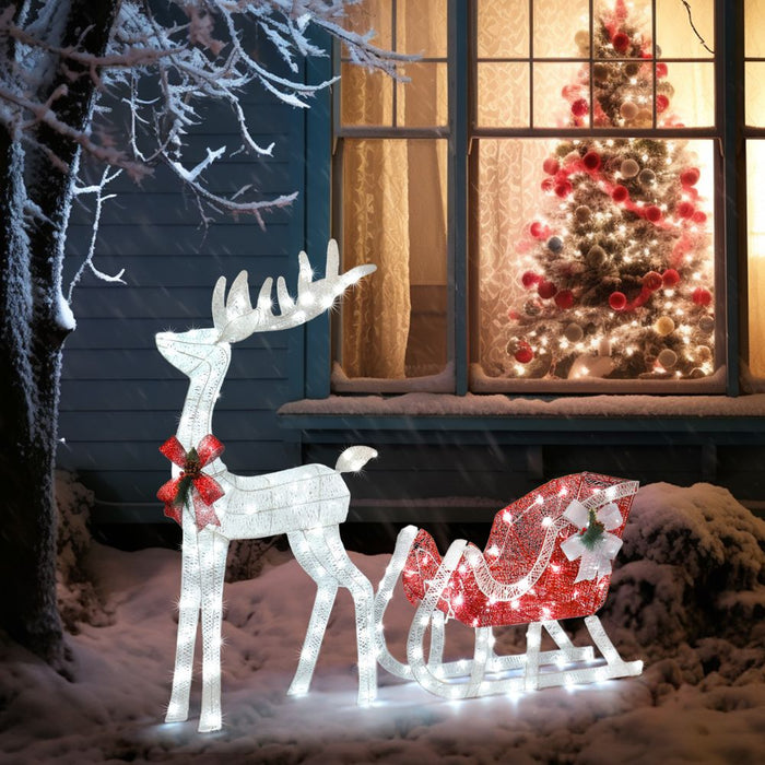 4ft Lighted Christmas Reindeer & Sleigh Outdoor Yard Decoration Set with LED Lights, Red & White