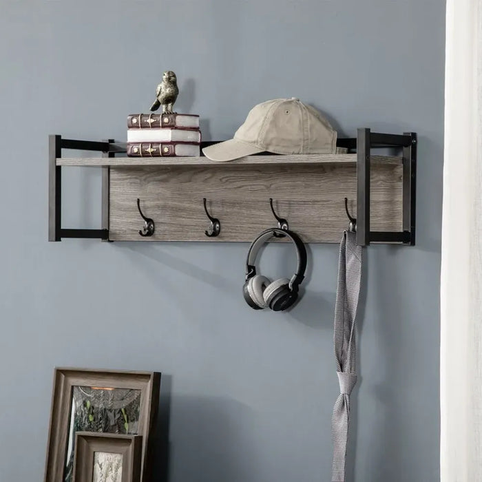 Rustic Wall-Mounted Entryway Shelf with Hooks - Versatile & High-Quality - Perfect for Entryway, Kitchen & More